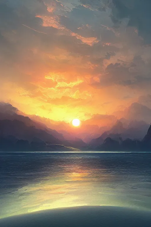 Image similar to digital painting of a sunset over a body of water, digital art by stephan martiniere, trending on artstation, fantasy art, apocalypse landscape, apocalypse art, speedpainting