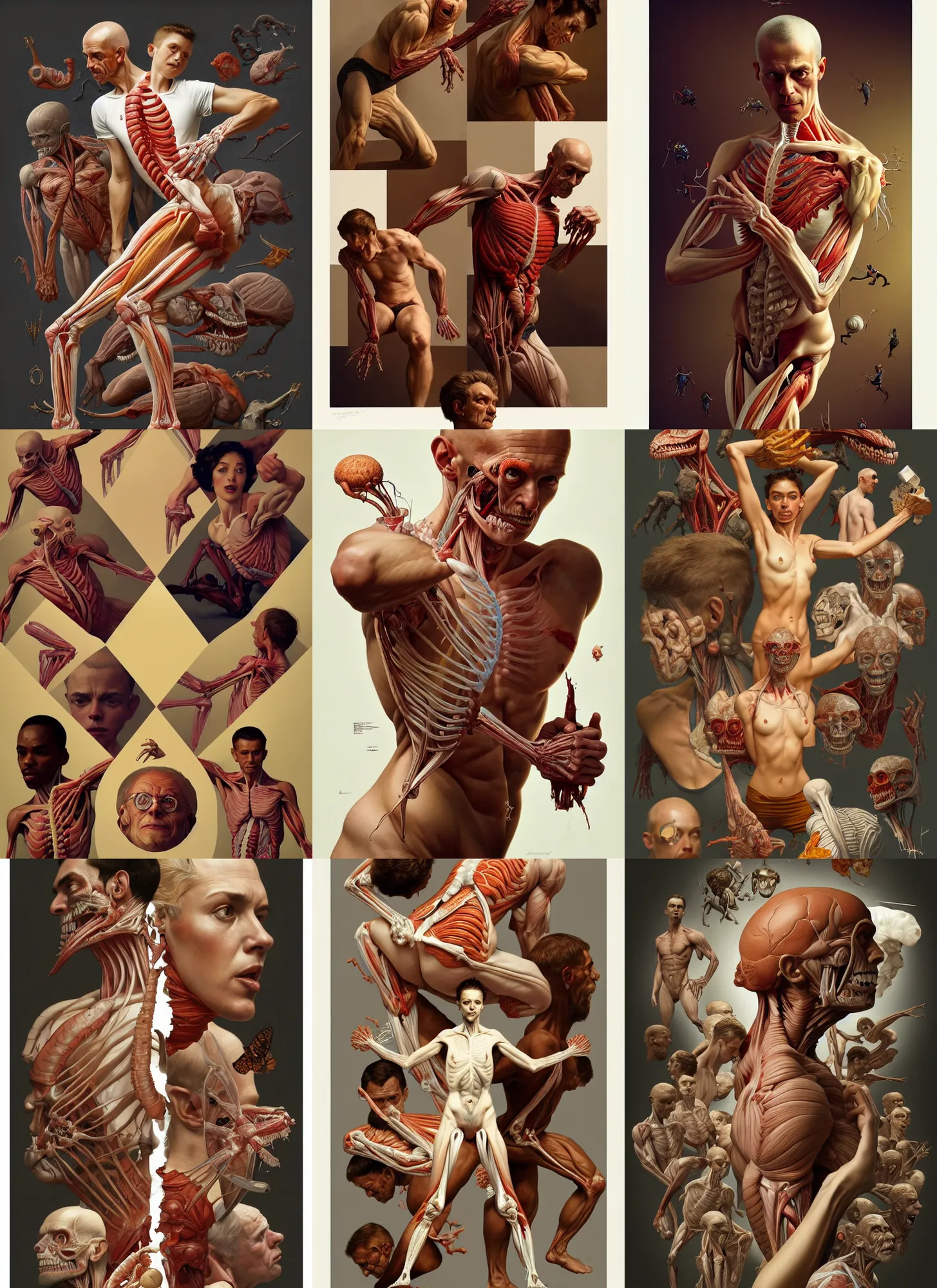 Prompt: weird collage anatomy on white background, action pose, intricate, highly detailed, digital painting, artstation, concept art, smooth, sharp focus, illustration, art by norman rockwell emiliano ponzi andrey remnev yoann lossel aaron jasinski, 8 k