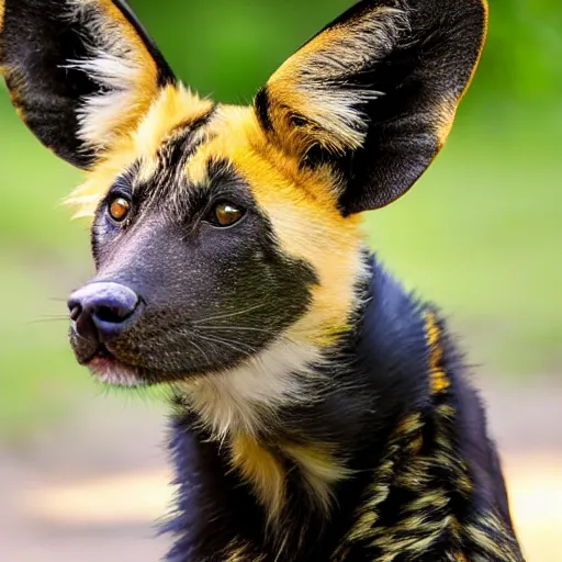 Prompt: Look at this african painted dog with his huge radar ears- positively fluffsome all around and no doubt prone to rambunctiousness. I suspect he is to be engaged in mischief soon.