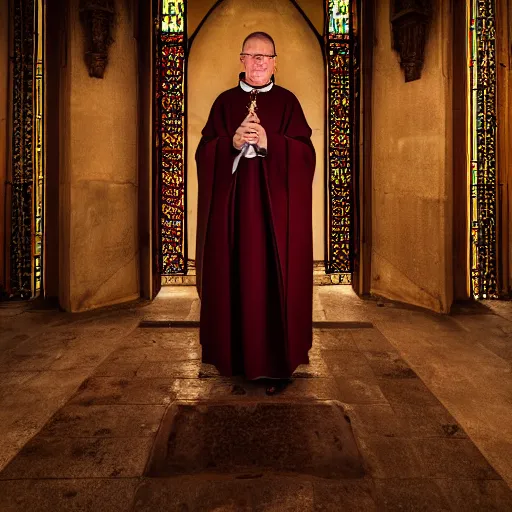 Image similar to stunning beautiful portrait photography of medieval sacred priest from national geographic award winning, dramatic lighting, taken with canon 5d mk4, sigma art lens, medium-shot