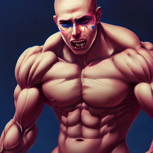 Image similar to bodybuilder covered in scars screenshot anime, shame focus, intricate, illustration, cell shaded, digital painting, highly detailed, concept art, matte, art by ilya kuvshinov and kyoto animation and wlop, anime character by league of legends, riot lol, and greg rutkowski, studio quality, masterpiece