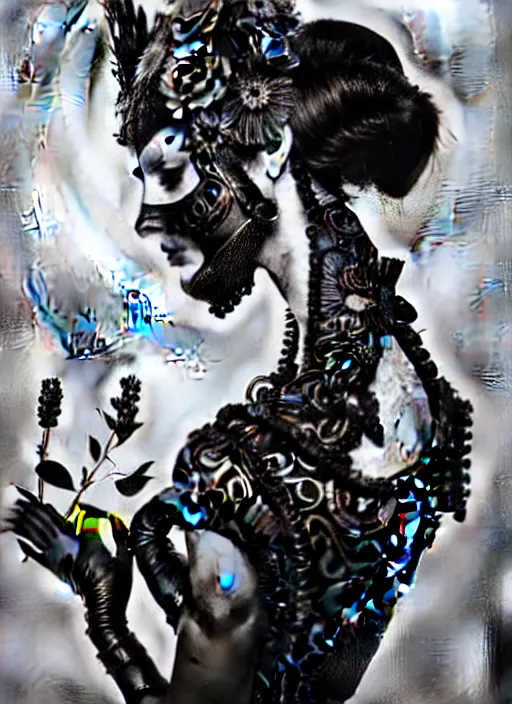 Image similar to a black and white high quality dreamy photo of a young beautiful female queen-pale dragon-vegetal-many big steampunk flowers-cyborg bust with a very long neck, elegant, highly detailed, poetic, soft, dreamy, mysterious, high fashion, in the style of Diane Arbus, Realistic, Refined, Digital Art, Highly Detailed, Cinematic Lighting, rim light, black and white, photo-realistic, 8K