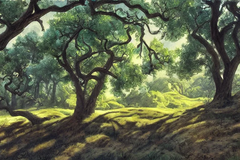 Image similar to masterpiece painting of oak trees on a hillside overlooking a creek, dramatic lighting, by marc davis