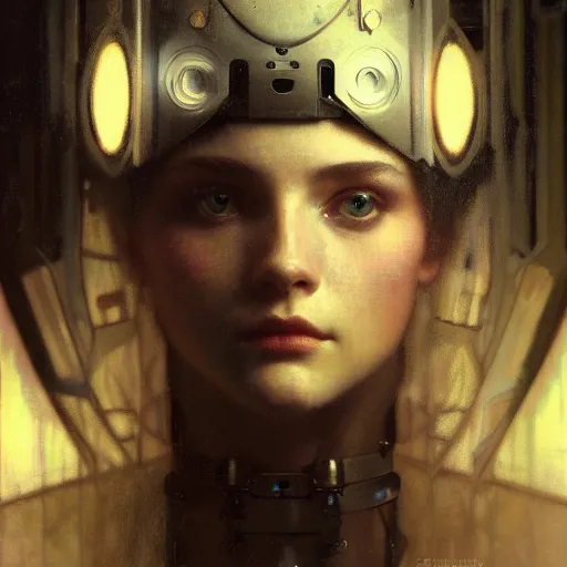 Image similar to hyperrealist portrait of a pretty young female robot with large sad eyes standing in front of a computer simulation by jeremy mann and alphonse mucha, fantasy art, photo realistic, dynamic lighting, artstation, poster, volumetric lighting, very detailed faces, award winning, full face, symmetry