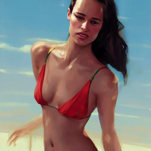 Image similar to alicia vikander sunbathing in a bikini. no noise, elegant, concept art, sharp focus, beautiful face!!, digital art, smooth defined outlines!!, by Brom, trending on Artstation, Tom Bagshaw, Sargent