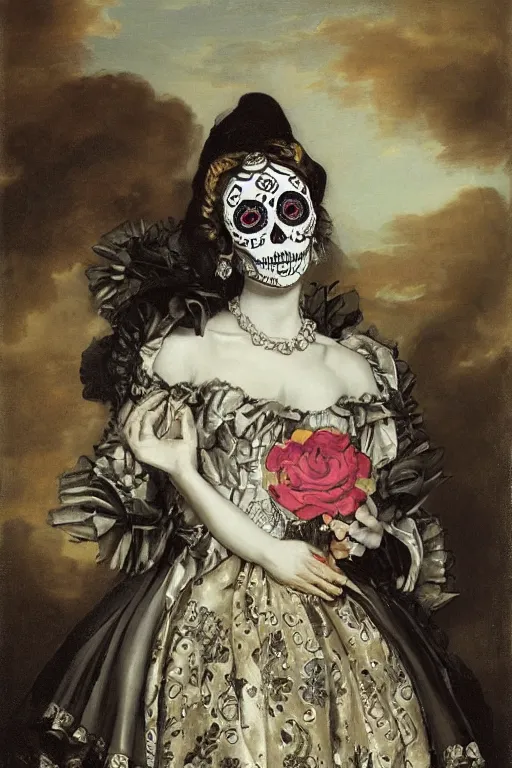 Prompt: Illustration of a sugar skull day of the dead girl, art by pieter claesz