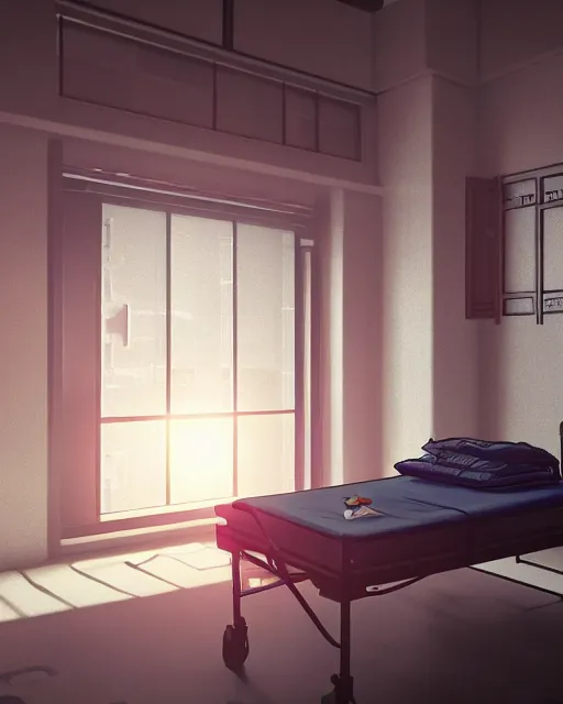 Image similar to artstation scifi scene of a old chinese hospital ward, a bunch of light on a business card, bed, wheelchair, window, bedside table, paneled walls, unreal engine 5, hyper realism, realistic shading, cinematic composition, blender render, octane render, hdr, detailed textures, photorealistic, wide shot