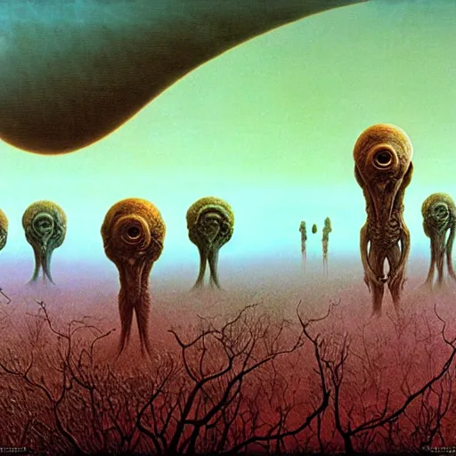 Prompt: alien creatures in a dystopian alien landscape, artstyle Zdzisław Beksiński, very intricate details, high resolution, 4k