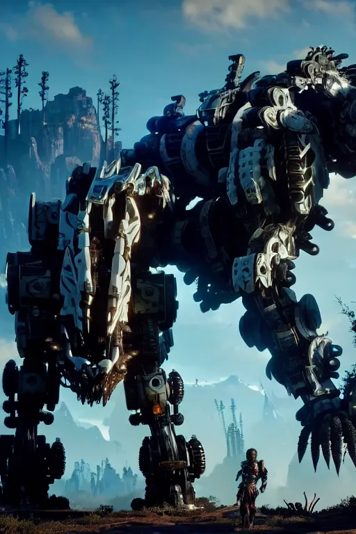 Image similar to a cinematic still from horizon zero dawn and pacific rim and westworld, full body mech, armored core, intact humanoid servo, octane render, nvidia raytracing demo, masterpiece, aged armor plating, decipticon armor plating, aggressive head, endoekeleton exposure