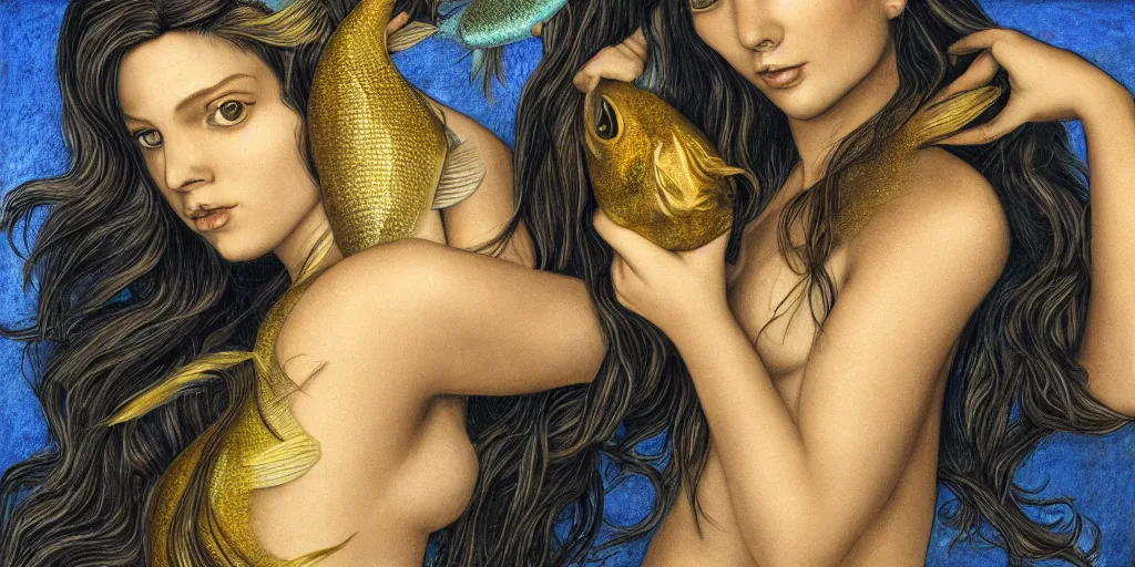 Image similar to realistic portrait of beautiful siren with her fish, golden, delicate, facing camera, hyper realism, 1 4 5 0, ink, ultra realistic, 8 k