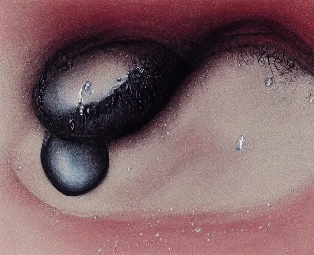 Image similar to realistic and detailed soft airbrush of a glossy tear dripping on a white background, inspired by 8 0 s airbrush illustrations, art by pater sato