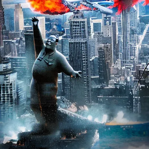 Prompt: kim jongzilla destroying manhattan new york city, kim jong - un, godzilla, destruction, hyper realistic, helicopter photo