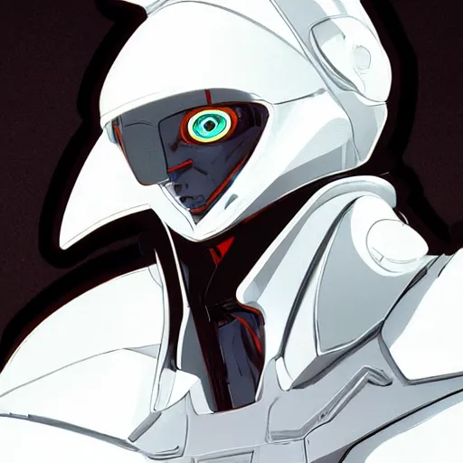 Image similar to portrait of a character with many robotic eyes, wearing sleek clothes, wearing a flowing white tailcoat, wearing a futuristic insectoid armored white mask with five circular lenses for eyes, the mask covers his entire face, many eyes, dramatic lighting, illustration by Greg rutkowski, yoji shinkawa, 4k, digital art, concept art, trending on artstation