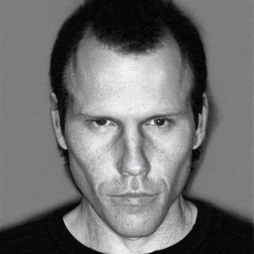 Image similar to A mugshot portrait of a middle aged man who looks like Jerma985 with a receding hairline and short mid-length wavy hair, wearing mid-1980s menswear in the late 2008, taken in the late 1980s, grainy, realistic, hyperrealistic, very realistic, highly detailed, very detailed, extremely detailed, detailed, trending on artstation, front facing, front view, headshot and bodyshot, detailed face, very detailed face