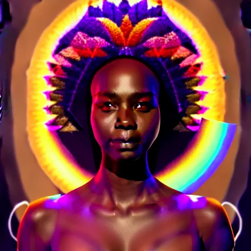 Image similar to centered girlboss portrait of african goddess of nature, symmetrical face, chiaroscuro, iridescent feathers 3 d subsurface scattering, character concept art, by artgerm