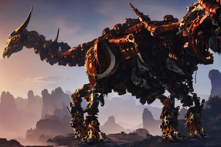 Image similar to grimhorn fanghorn machine mecha animal beast robot of horizon forbidden west horizon zero dawn bioluminiscence global illumination ray tracing hdr fanart arstation by sung choi and eric pfeiffer and gabriel garza and casper konefal