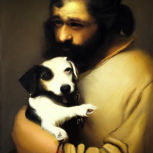Prompt: a beautiful painting dramatic portrait of a young man with long black hair tied in a bun and black beard holding a jack russell dog by rembrandt, featured on artstation