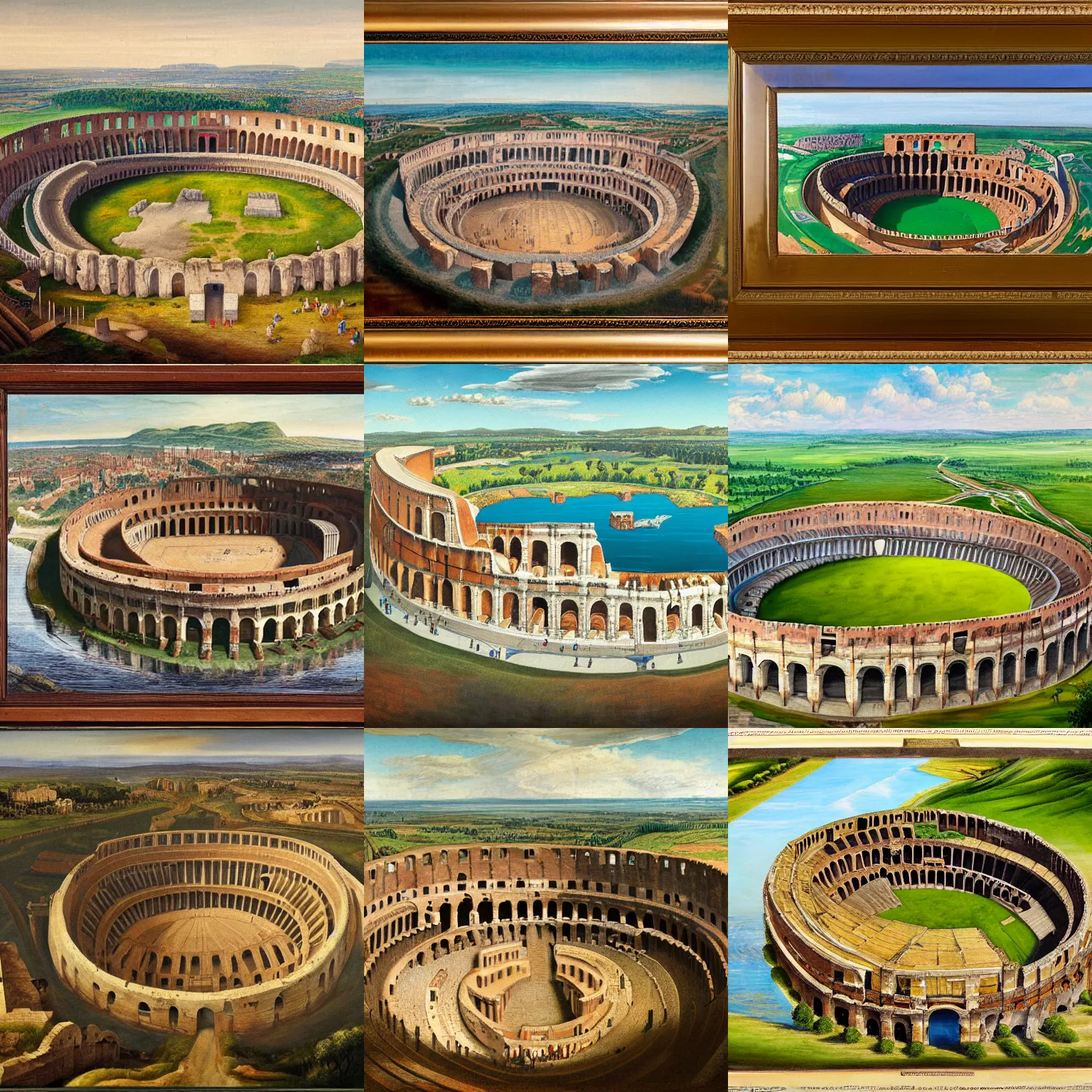 Prompt: a colosseum like arena with it's central part surrounded by a ditch with water, view from the sky, detailed painting, 8 k,