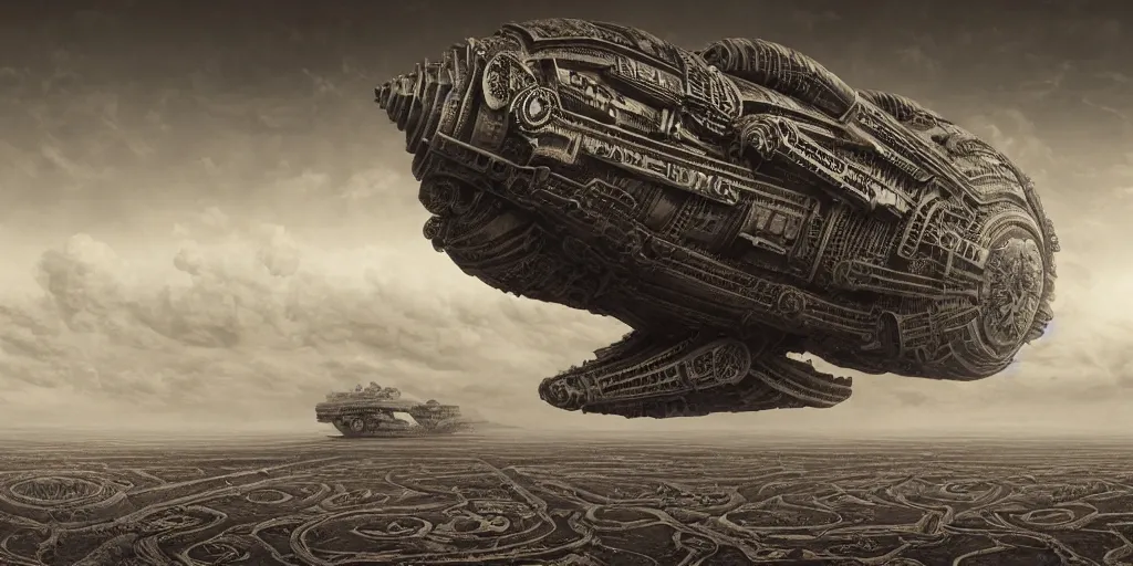 Image similar to a large ominous and geometric very ornate and detailed spaceship, lots of shapes intertwined very large and long floating over a barren dry land with an epic cloud formation on the background by HR GIger, Dariusz Zawadzki, Zdzisław Beksiński, gustave doré, zhuoxin ye, very detailed, octane render, 8k, scary and brooding, scary and dark, canon 24mm lens