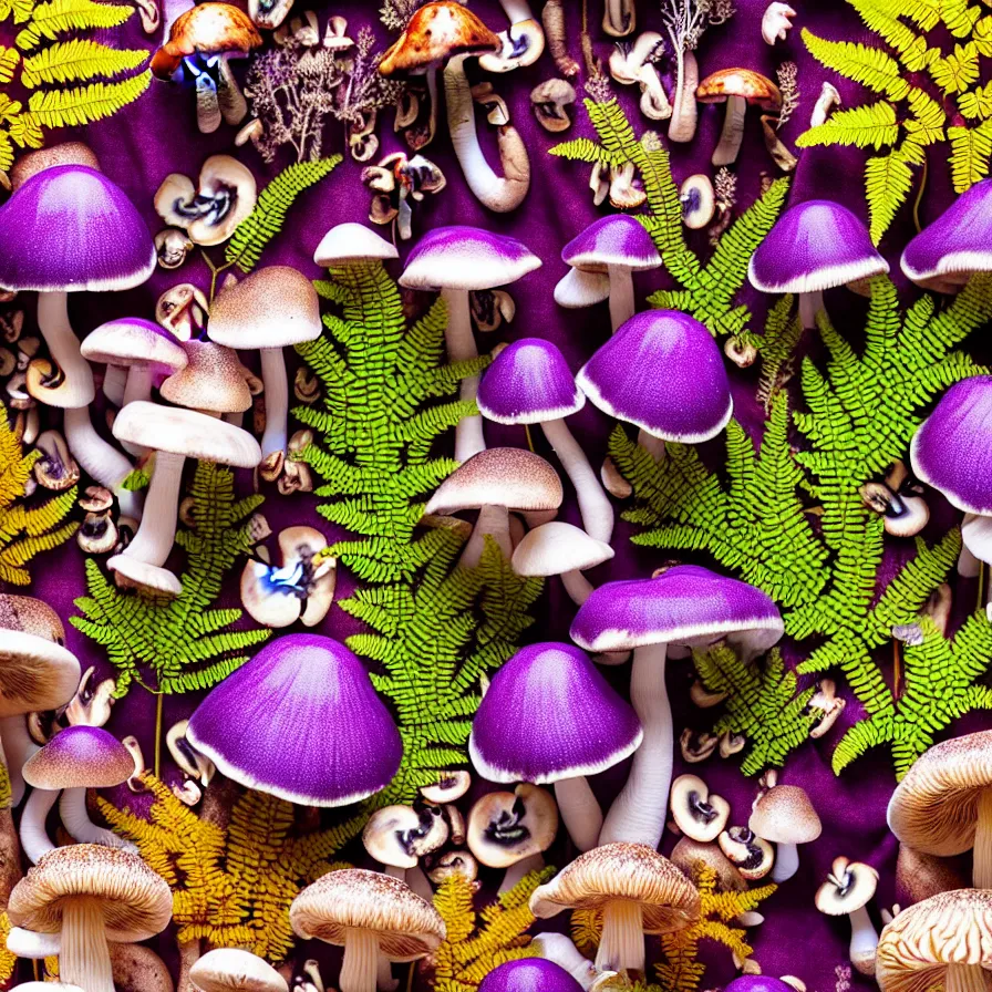 Image similar to plethora of purple and gold mushrooms and mycelium, vivid natural color hues and natural surroundings, colorful painted patterns and motifs on mushrooms, ferns, leaves, seamless fabric pattern 8K, highly detailed.