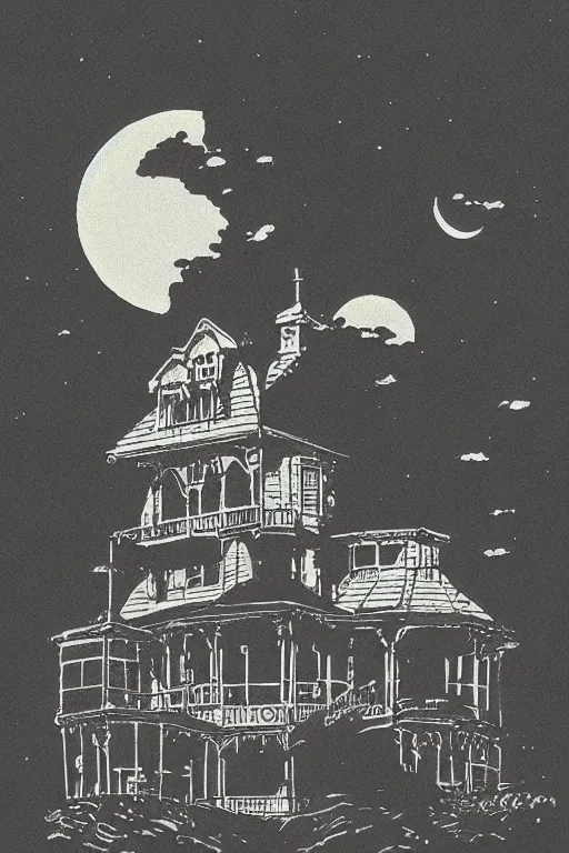 Prompt: seaside victorian building, night, moon in sky encircled by clouds, heavy ink!!!!!!! mike mignola