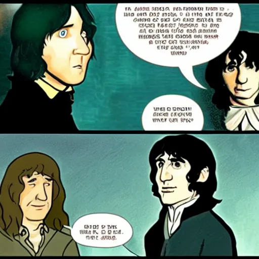 Prompt: frodo baggins meeting severus snape in hogwarts