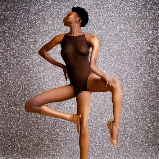 Prompt: african sia furler wearing a skin colored leotard full body artistic dinner photoshoot no crop