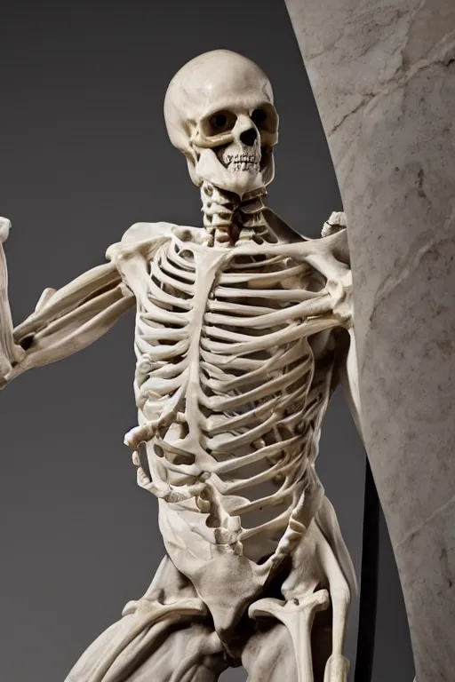 Prompt: epic and dramatic view of a statue depicting a man sculpting himself showing half of his body as a skeleton made in tannish polished marble, realistic and ultra detailed by bernini, 8 k