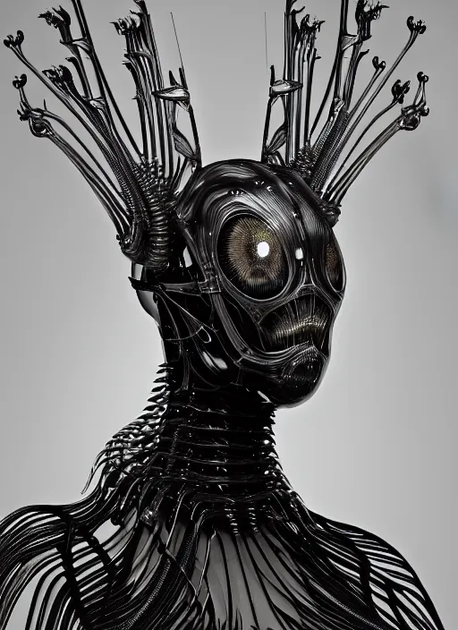 Image similar to iris van herpen gothic inflateble dark dress, perfect symmetrical body, helmet on face, full body shot, alien, plant predator, guyver, giger, wires, tubes, veins, jellyfish, white biomechanical details, wearing epic bionic cyborg implants, masterpiece, intricate, biopunk, vogue, highly detailed, artstation, concept art