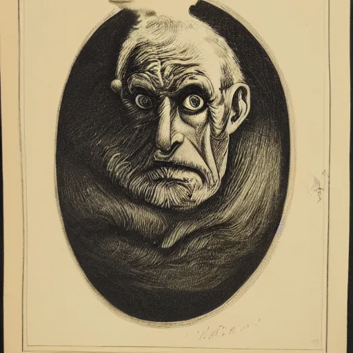 Prompt: a lithograph of an old man with scary eyes