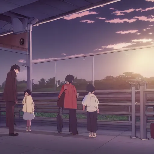 Image similar to A family saying goodbye to their children at a busy airport, by Dice Tsutsumi, Makoto Shinkai, Studio Ghibli