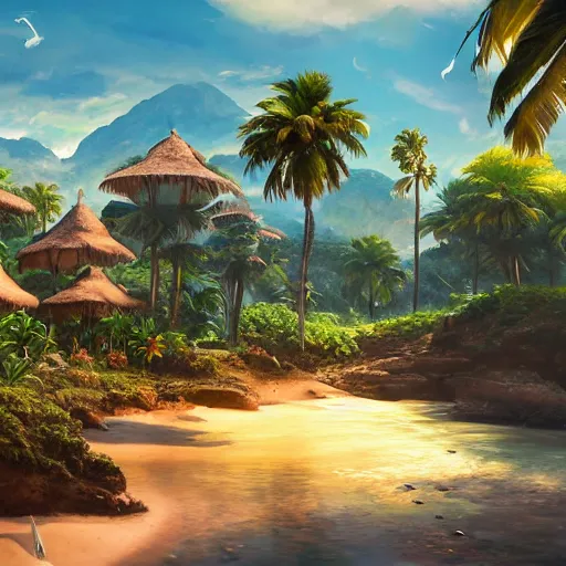 Image similar to a painting of a tropical island, a matte painting by jordan grimmer, cgsociety, fantasy art, matte painting, unreal engine 5