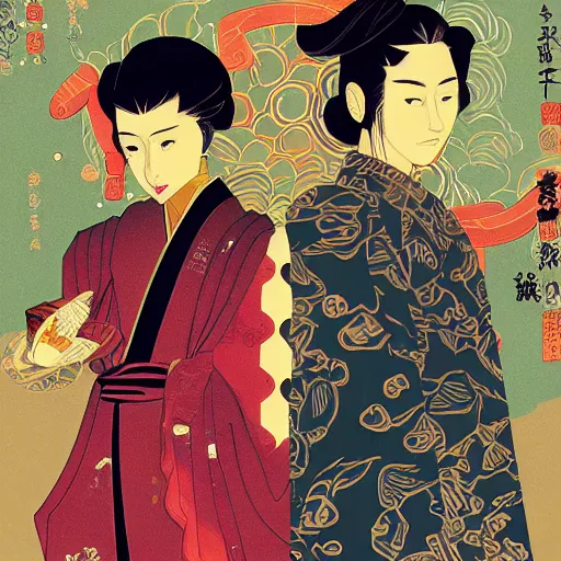 Image similar to portrait of two characters in the style of genshin impact art style and victo ngai