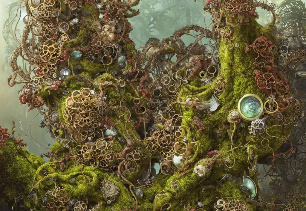Image similar to illustration and highly detailed render of a strange moss fungus and coral creature, tendrils, steampunk, biological machinery, microbiological environment, ultra realistic, concept art, intricate details, cheerful, highly detailed, photorealistic, octane render, 8 k, unreal engine. art by hr guger and artgerm and greg rutkowski and alphonse mucha