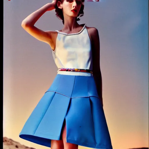 Prompt: 1 9 8 5 italia vogue magazine photo of a dress with cotton underskirt set, christian dior style, mediterranean beach background, refracted color lines, night, flash photography