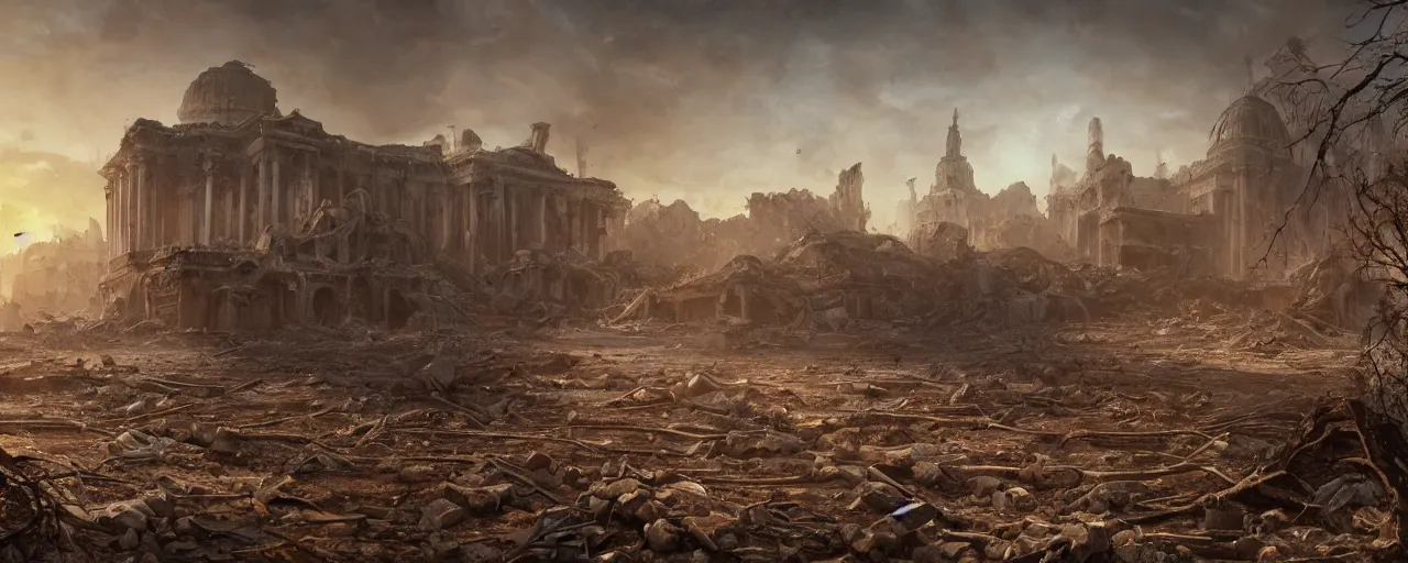 Image similar to A beautiful hyper realistic detailed matte painting of the destroyed Capitolium after nuclear bomb + post-apocalyptic landscape at early sunrise + a lot of debris and burned bushes and trees + by John Howe and Andreas Rocha and Martin Johnson Heade and Albert Bierstadt, Fallout style + unreal engine, trending on artstation, golden ratio, rectilinear