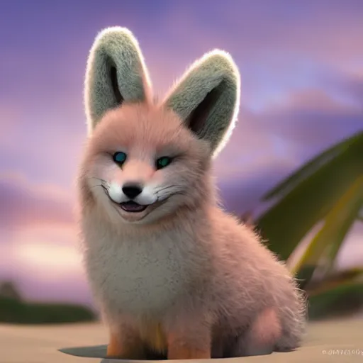 Image similar to a photorealistic adorable chubby charming but vicious fennic fox wolf rabbit hybrid, long fuzzy fur, with long floppy rabbit ears, wearing bows on the top of its head, grinning at the camera with a mischievous look, sharp teeth, happy lighting, at a tropical beach