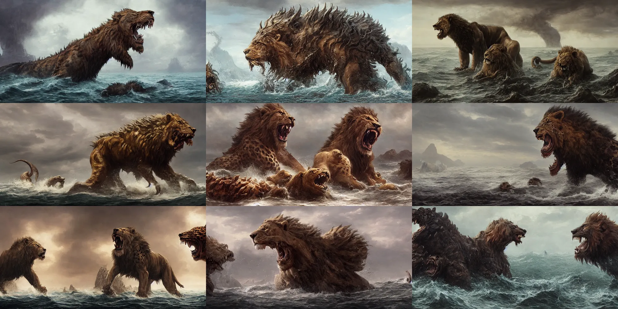 Prompt: a beast rising out of the sea with seven heads and ten horns, a leopard-like body, bear-like feet, and a lion-like mouth, a matte masterpiece by Allen Williams and Greg Rutkowski