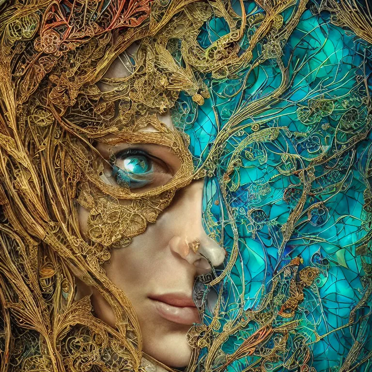 Prompt: cinema 4d colorful render, organic, ultra detailed, of a beautiful glass old human face, scratched. biomechanical cyborg, analog, macro lens, beautiful natural soft rim light, big leaves, winged insects and stems, roots, fine foliage lace, turquoise gold details, Alexander Mcqueen high fashion haute couture, art nouveau fashion embroidered, intricate details, mesh wire, mandelbrot fractal, anatomical, facial muscles, cable wires, elegant, hyper realistic, in front of dark flower pattern wallpaper, ultra detailed, 8k post-production