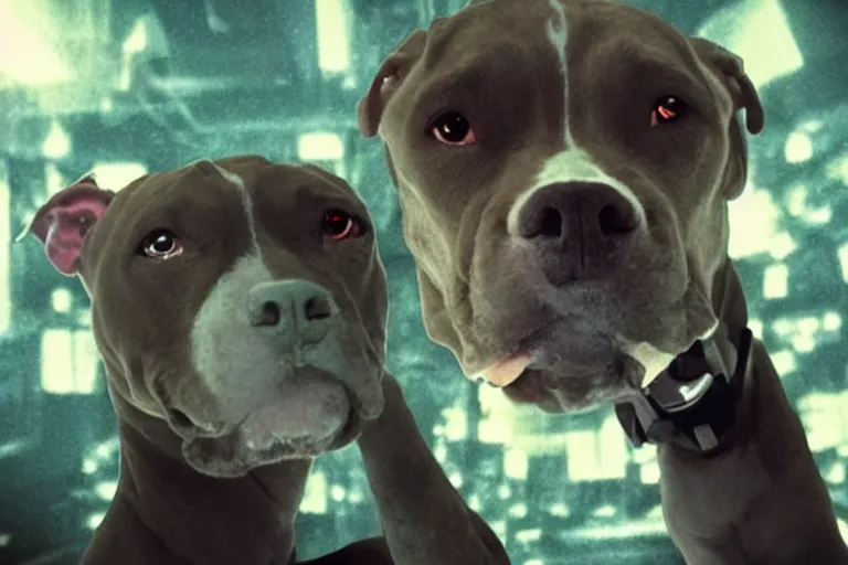 Prompt: cyborg - pitbull taking a selfie, in hell, in 2 0 5 5, y 2 k cybercore, industrial low - light photography, still from a kiyoshi kurosawa movie