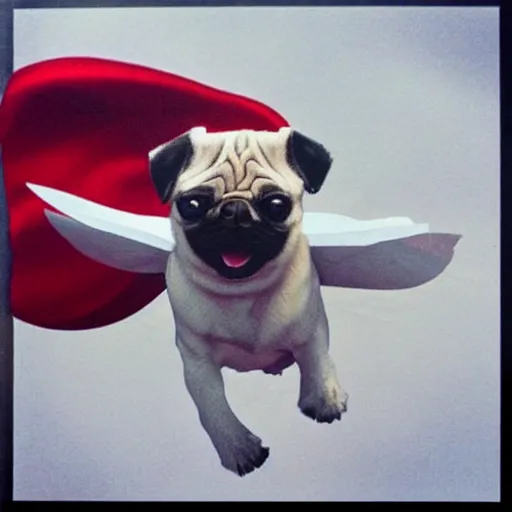 Image similar to a white pug as a superhero flying though the air, hyper realistic, photorealistic