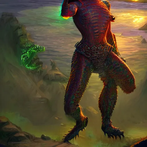 Prompt: bright, colorful, realistic, detailed from Elder Scrolls: shivering isles concept green daedroth aligator man full body backlighting, kodachrome, high contrast, highly detailed, sharp focus, digital painting, concept art, illustration, trending on artstation, comic book by Alex Ross and Adam Adamowicz cover art