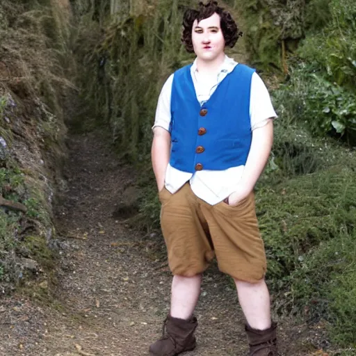 Prompt: (pudgy) british lad with short curly dark brown hair as a hobbit wearing a white men's crossbody sling chest bag and blue vest