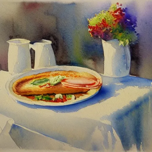 Image similar to impressionism watercolor painting of a large breakfast