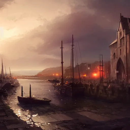 Prompt: irish medieval port of carrickfergus, 4 k, concept art, by wlop, ilya kuvshinov, artgerm, krenz cushart, greg rutkowski, pixiv. cinematic dramatic atmosphere, sharp focus, volumetric lighting, cinematic lighting, studio quality