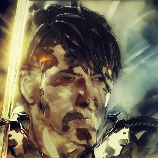 Image similar to portrait of a hero holding his sword in front of his face by yoji shinkawa, high quality, extra details, realism, ornate, colored, golden chain, blood, white skin, short hair, brown eyes, vivid, sunlight, dynamic, american man, freedom