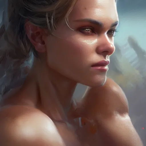 Image similar to a very beautiful and pretty woman with muscles, digital art, photorealistic, unreal engine, 8 k resolution, artstation, beautiful face, pretty face, very detailed eyes, by wlop, greg rutkowski, simon bosley