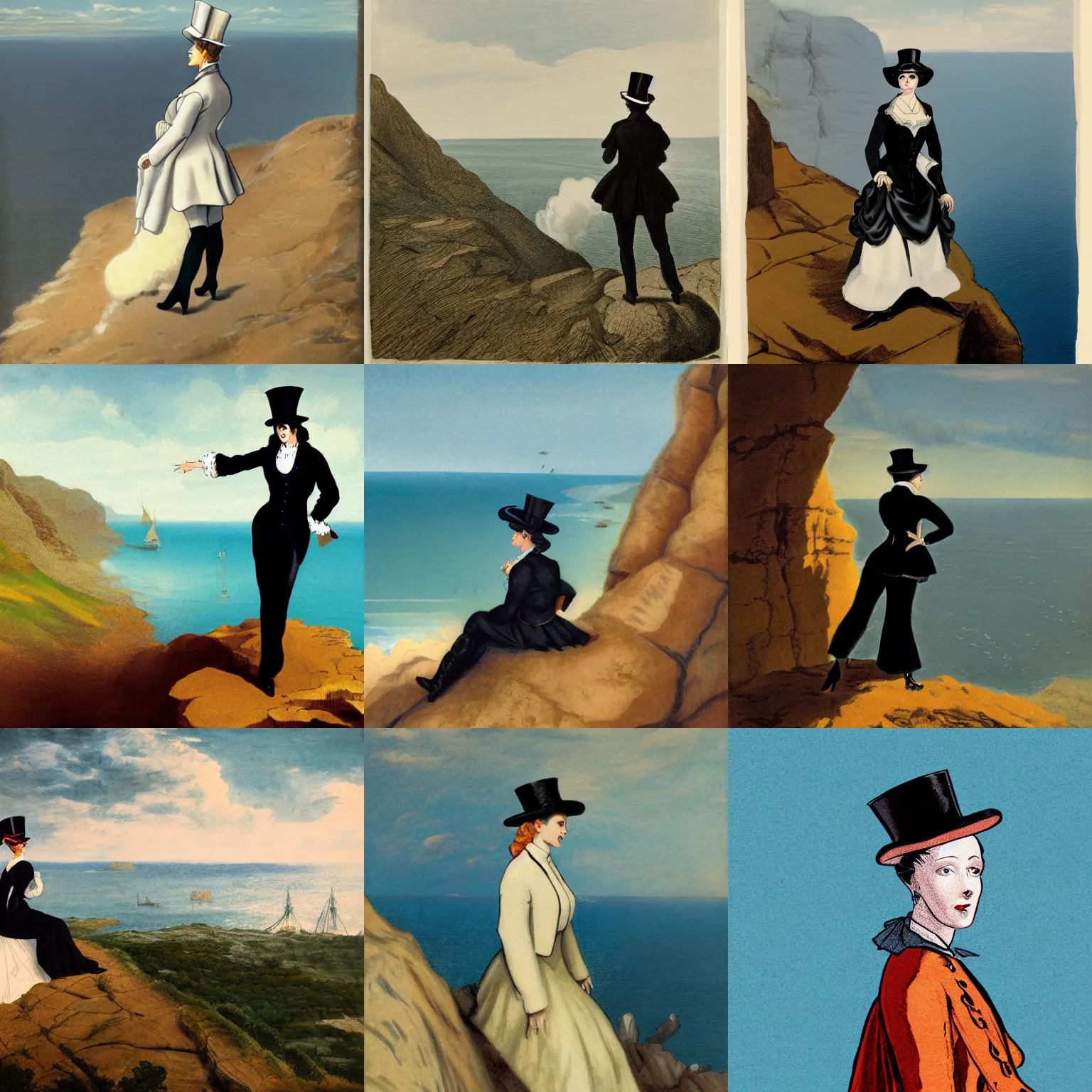 Prompt: a woman costumed in top hat and silk tailcoat, looking at the horizon from the top of a cliff, cell shading