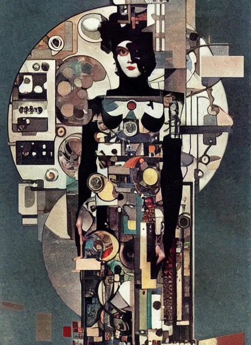 Image similar to cute punk goth fashion fractal mecha girl wearing a television tube helmet and kimono made of circuits and leds, surreal Dada collage by Man Ray Kurt Schwitters Hannah Höch Alphonse Mucha Beeple