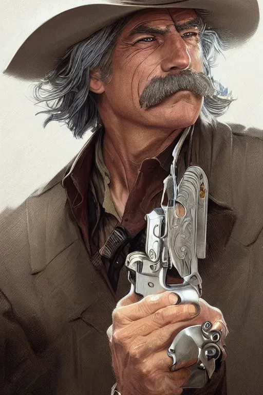 Image similar to portrait of sam elliott, western, gunslinger, duster, fantasy, intricate, elegant, highly detailed, digital painting, artstation, concept art, sharp focus, illustration, art by artgerm and greg rutkowski and alphonse mucha